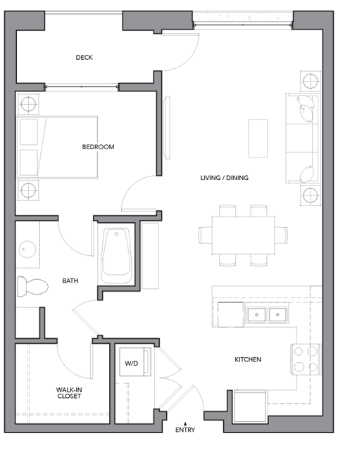 Floor plan for 1 bed, 1 bath, 770 sqft